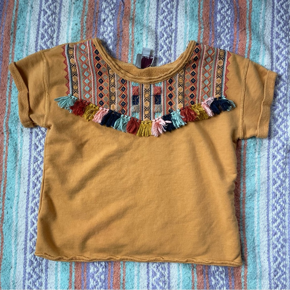 Mustard Yellow Colorful Tassel Anthropologie Chloe Oliver Top Blouse Large EUC